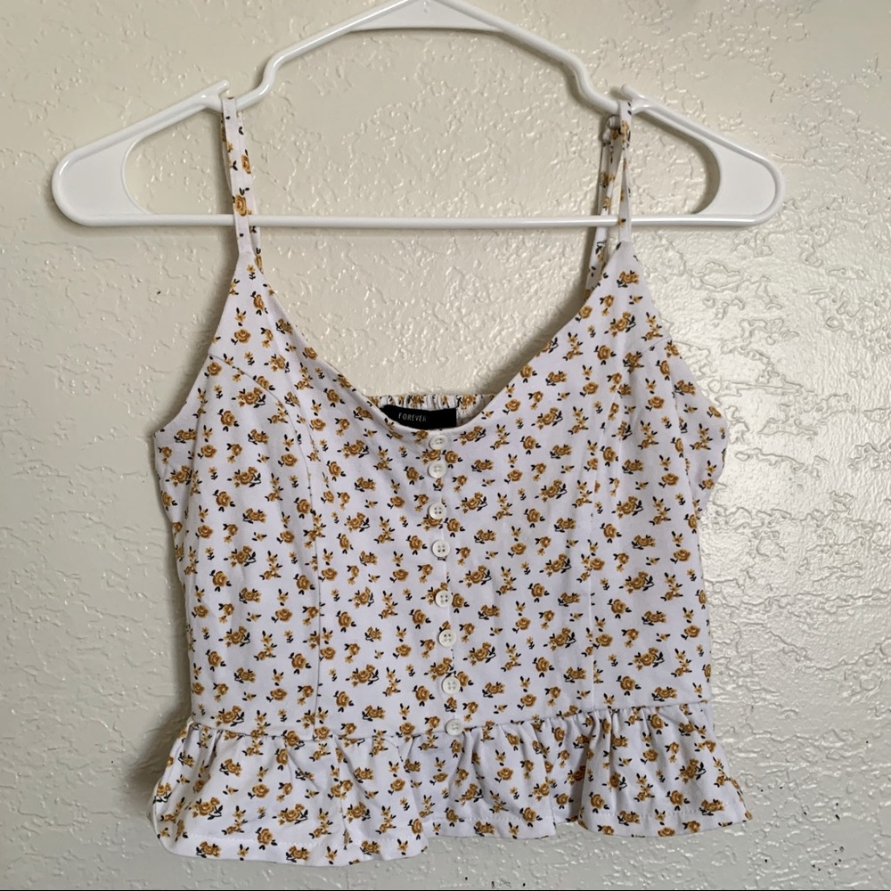 White Cropped Tank Top with Gold Flower Pattern
